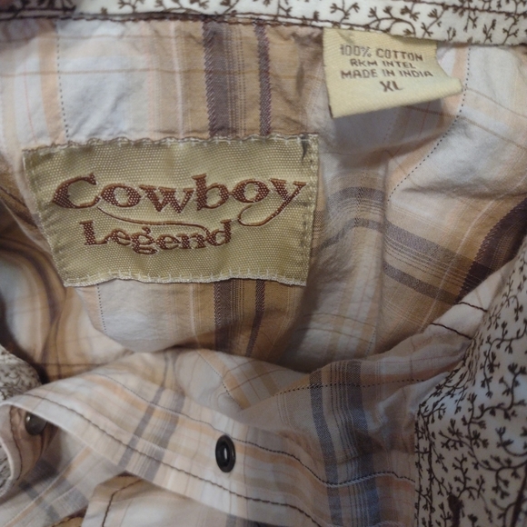 Cowboy Legend Pearl Snap Shirt Mens XL Brown Tan Plaid Flip Cuff Western Rodeo - Picture 2 of 3